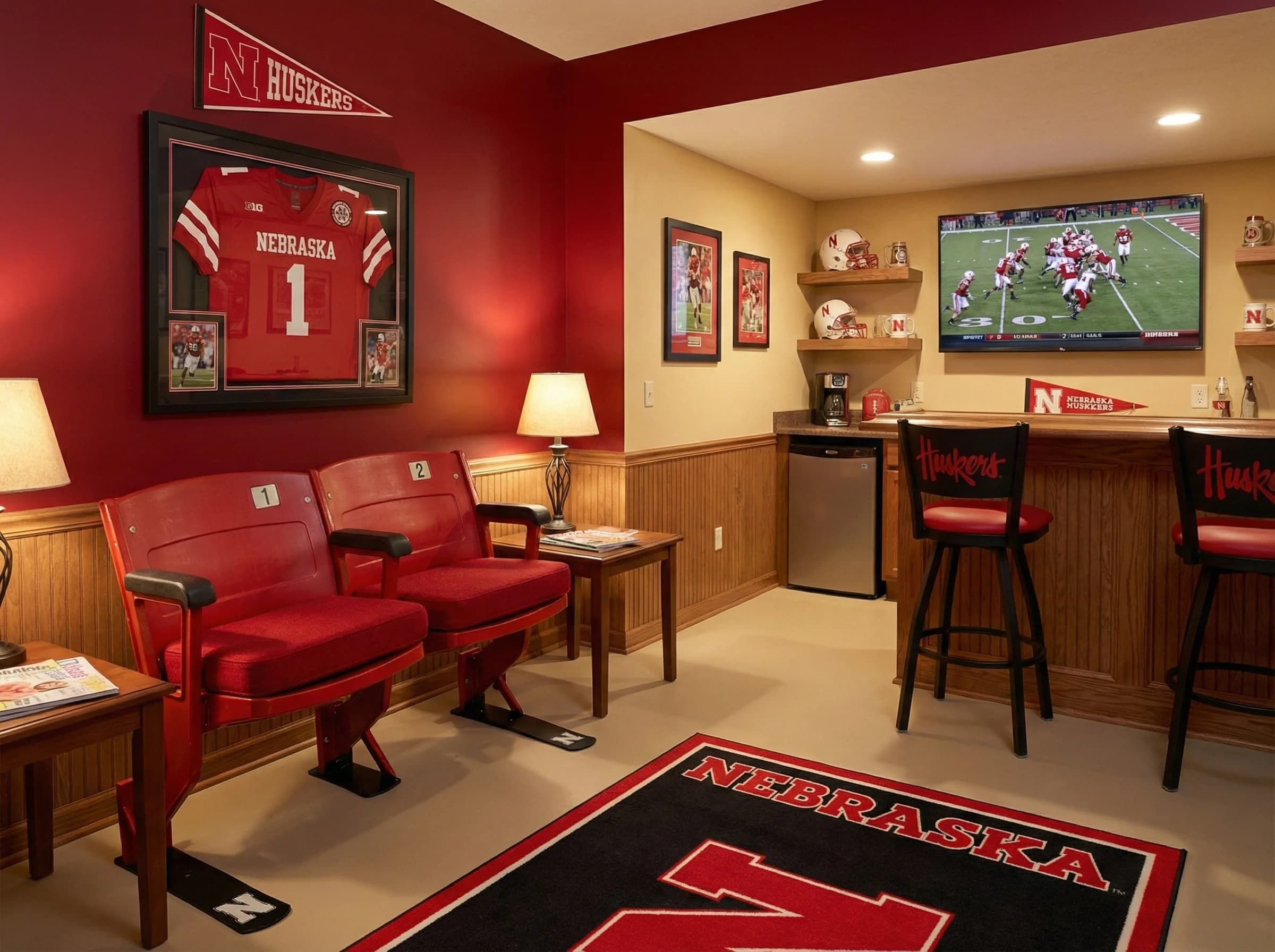 Nebraska seat bench in a fan cave with full Huskers memorabilia and bar setup