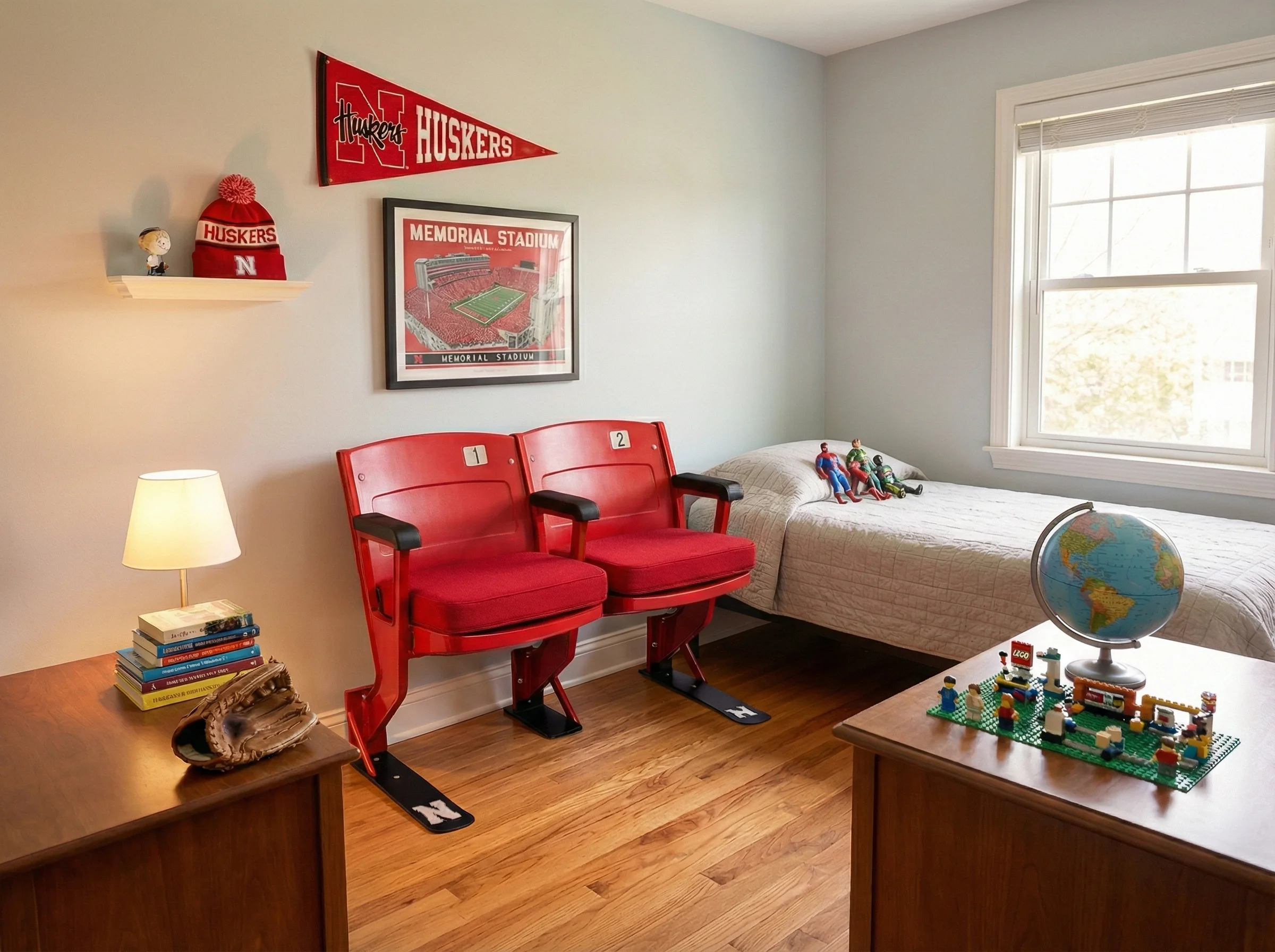 Nebraska seat bench in a child's bedroom with memorabilia