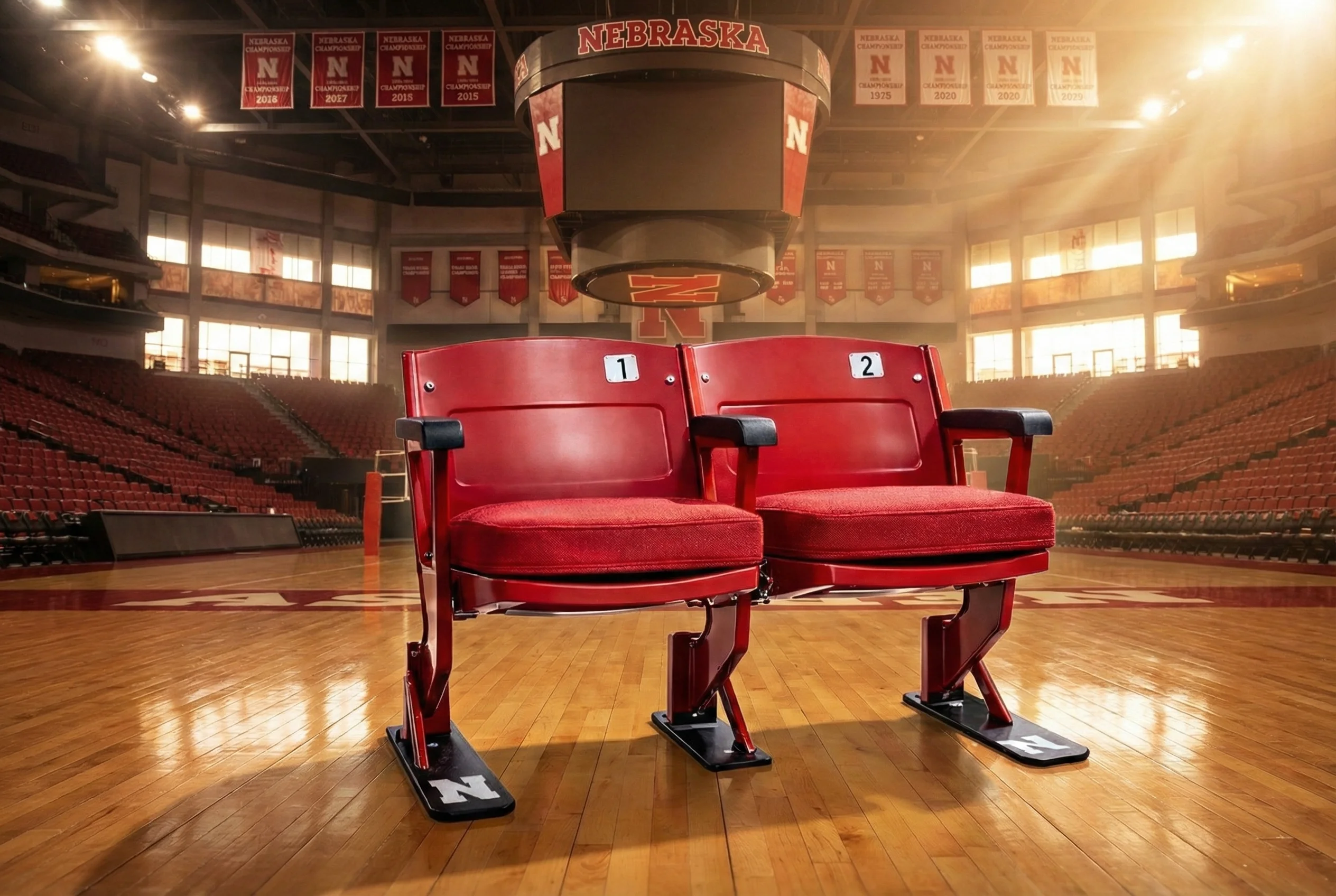 Nebraska seat bench on center court at Devaney Center with championship banners