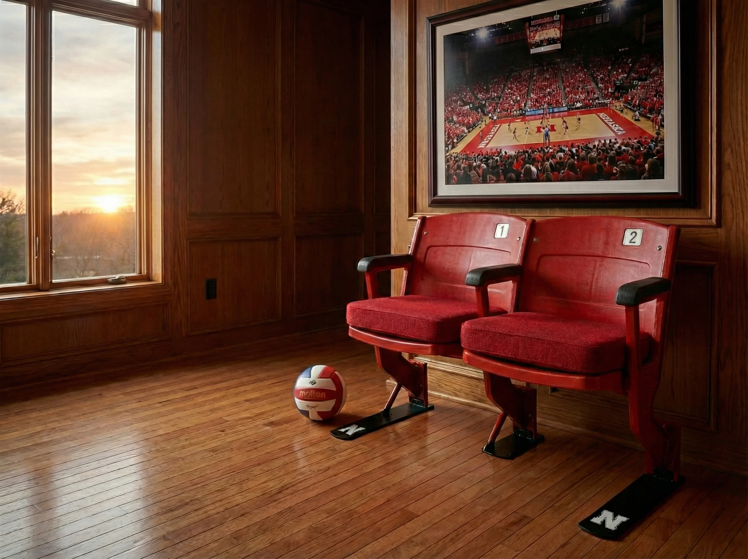 Nebraska seat bench in elegant home with hardwood floors and sunset view