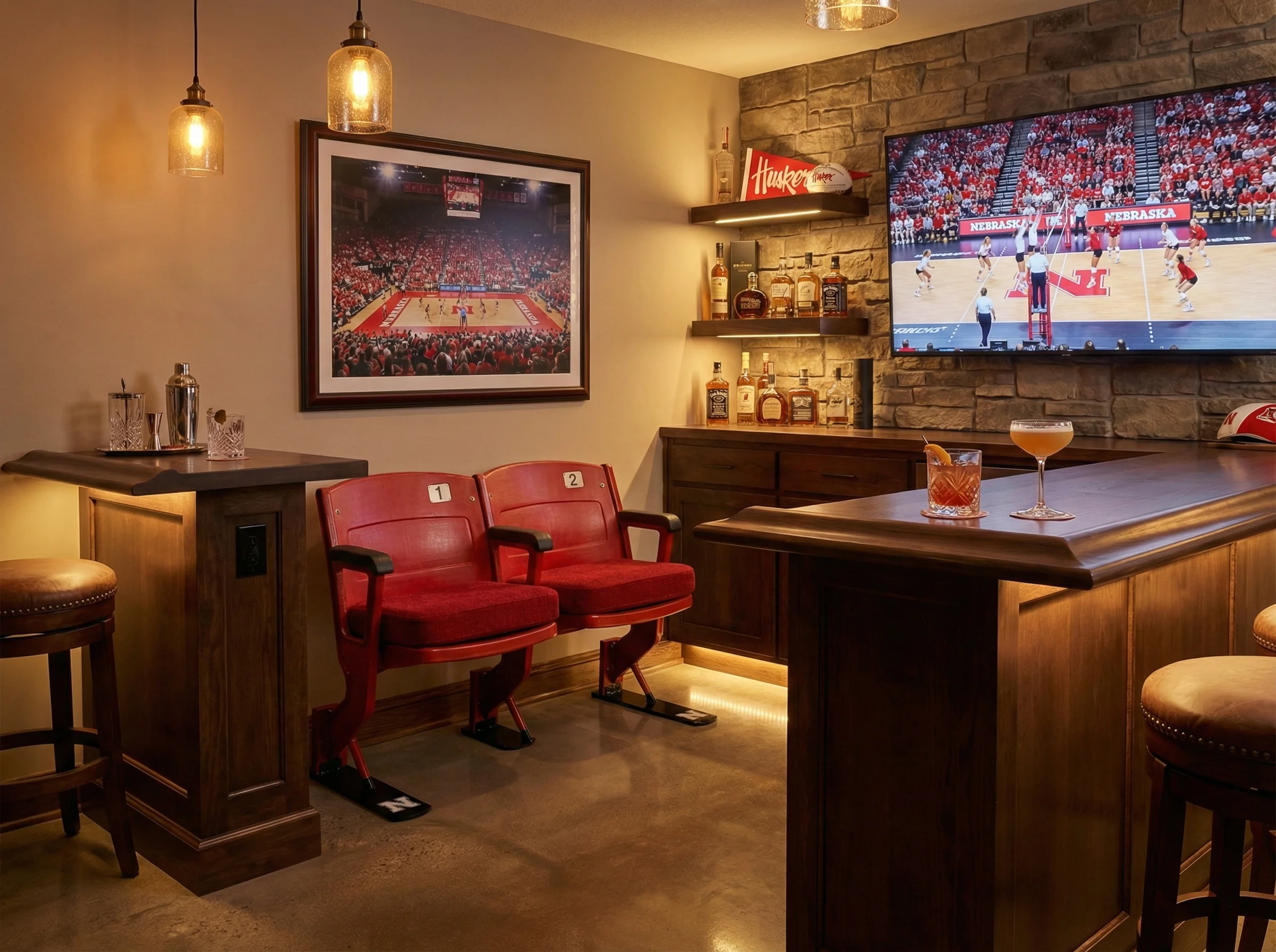 Nebraska seat bench in luxury home bar with stone accent wall and TV