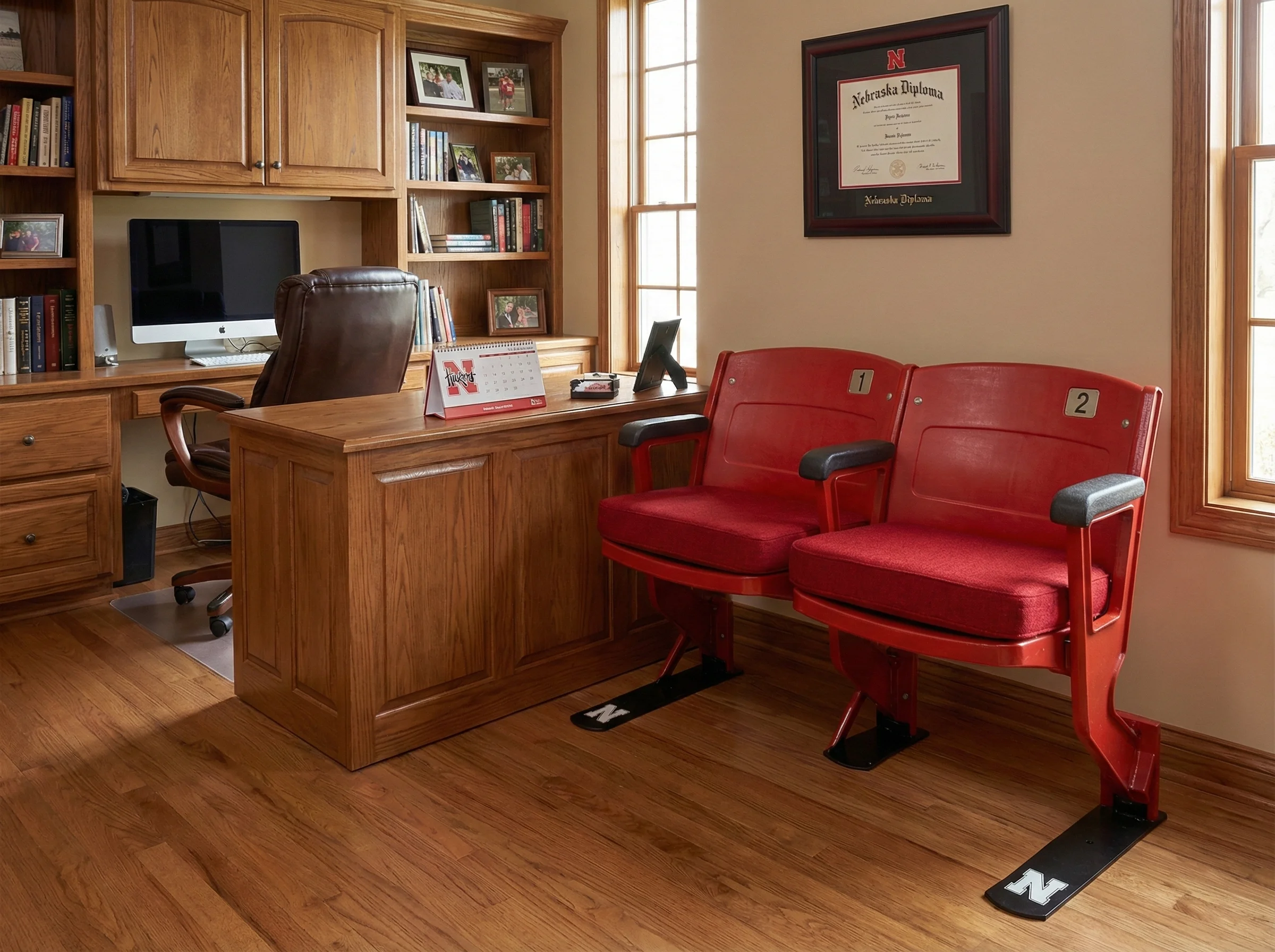 Nebraska seat bench in professional home office with oak cabinetry